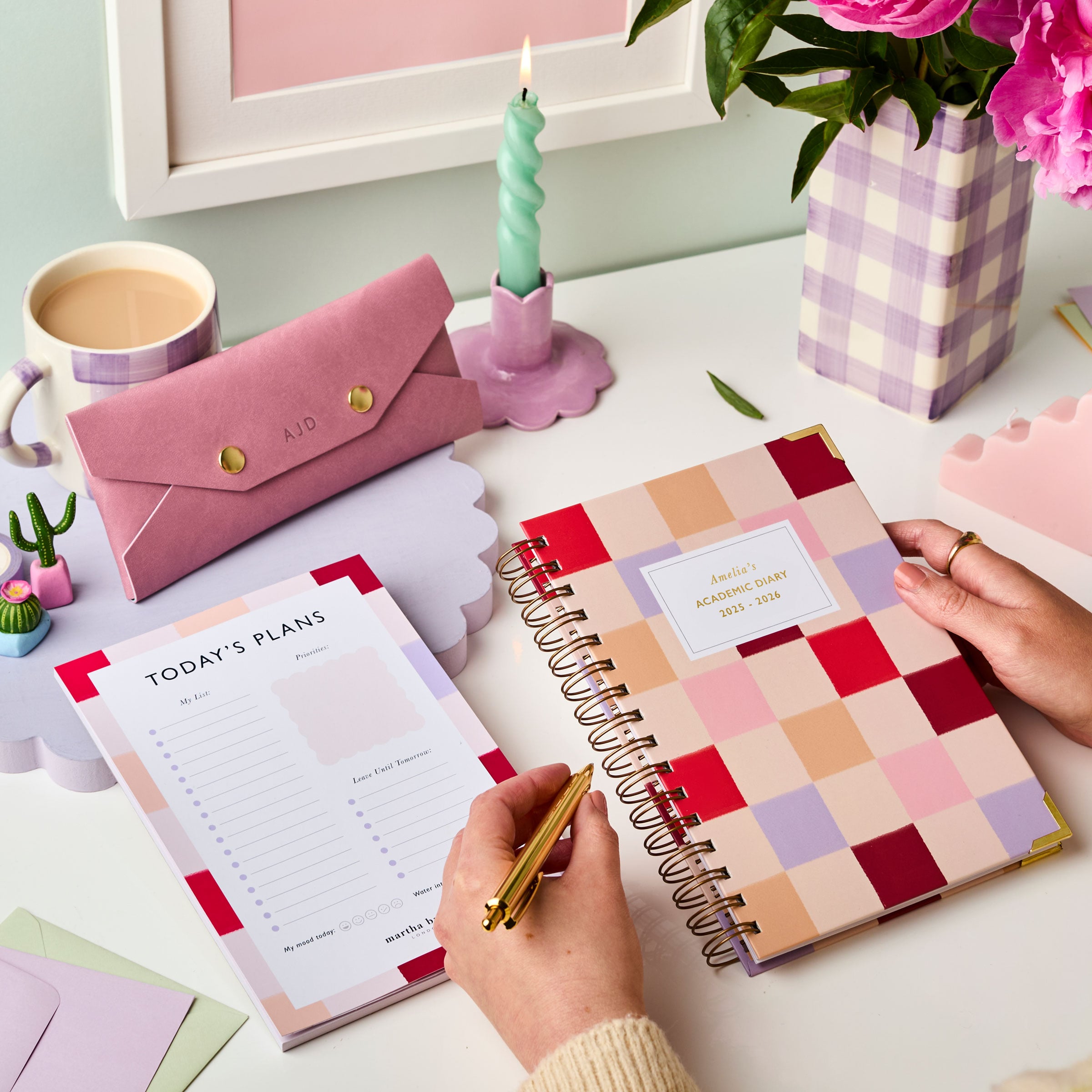 martha brook personalised stationery personalised university stationery bundle diary desk pad and pencil case on a desk