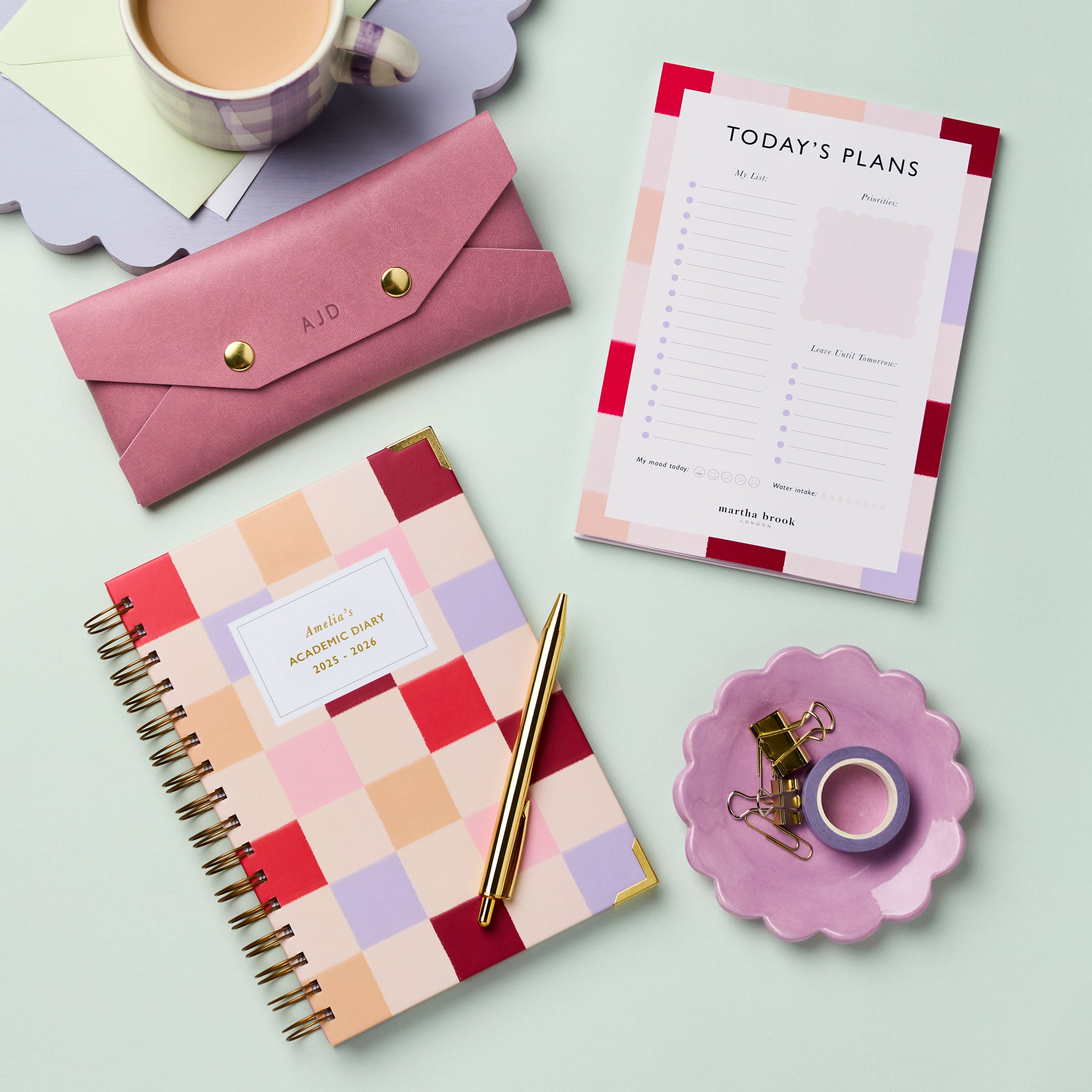 martha brook personalised stationery personalised university stationery bundle diary desk pad and pencil case on a desk