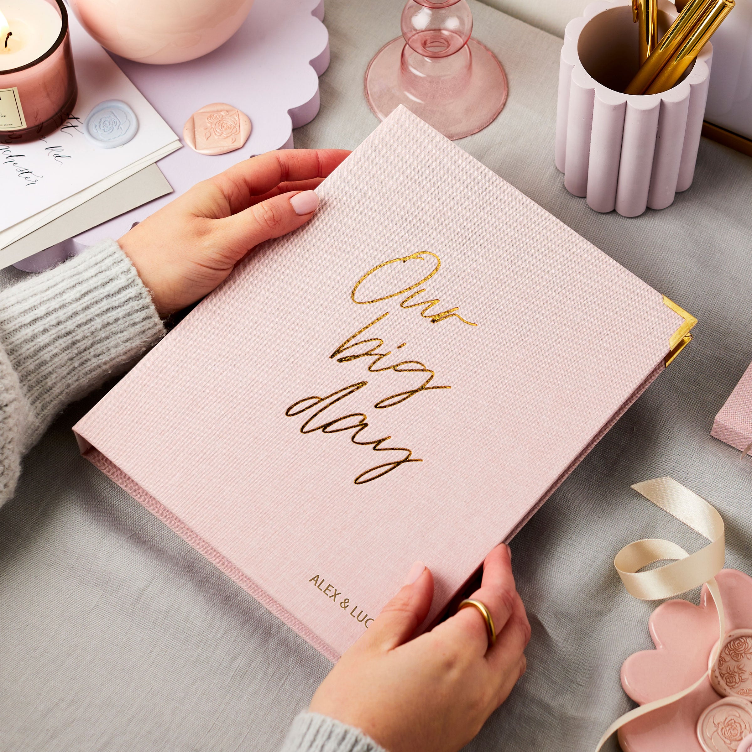 martha brook personalised stationery personalised wedding stationery personalised blush pink wedding planner and organiser with candles and flowers wedding planning cover with envelope stamps