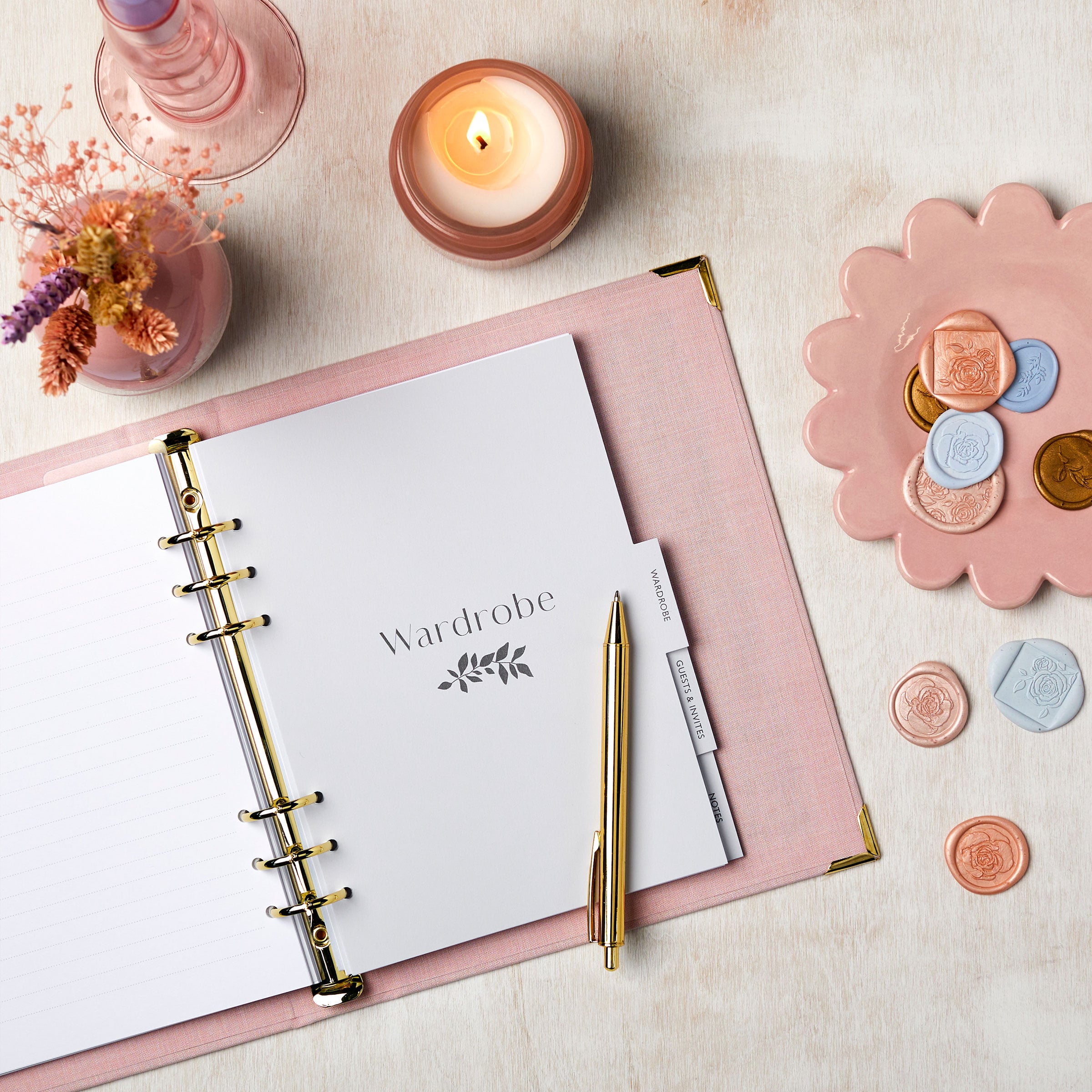 martha brook personalised stationery personalised wedding stationery personalised blush pink wedding planner and organiser with candles and flowers wedding planning cover with envelopes inside contents