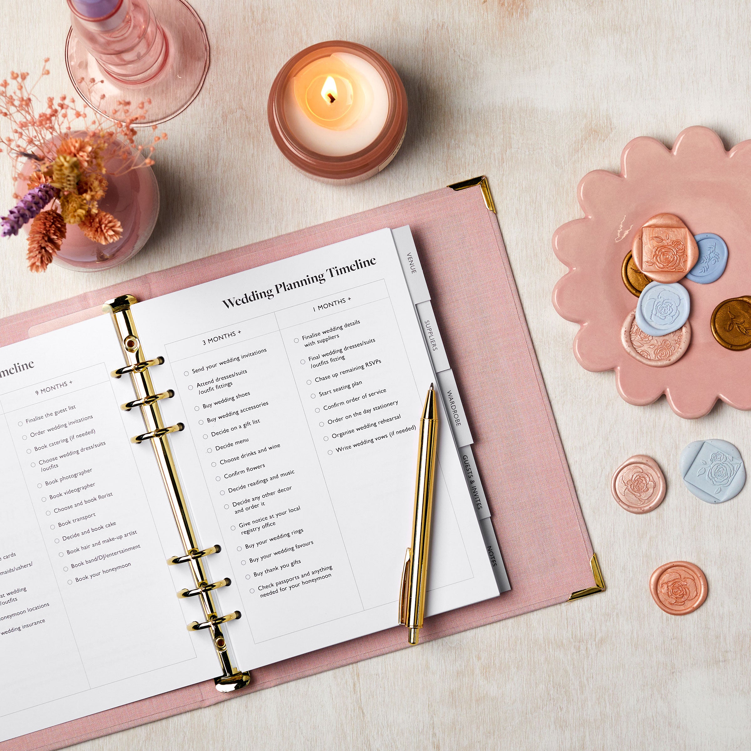 martha brook personalised stationery personalised wedding stationery personalised blush pink wedding planner and organiser with candles and flowers wedding planning cover with envelopes inside contents