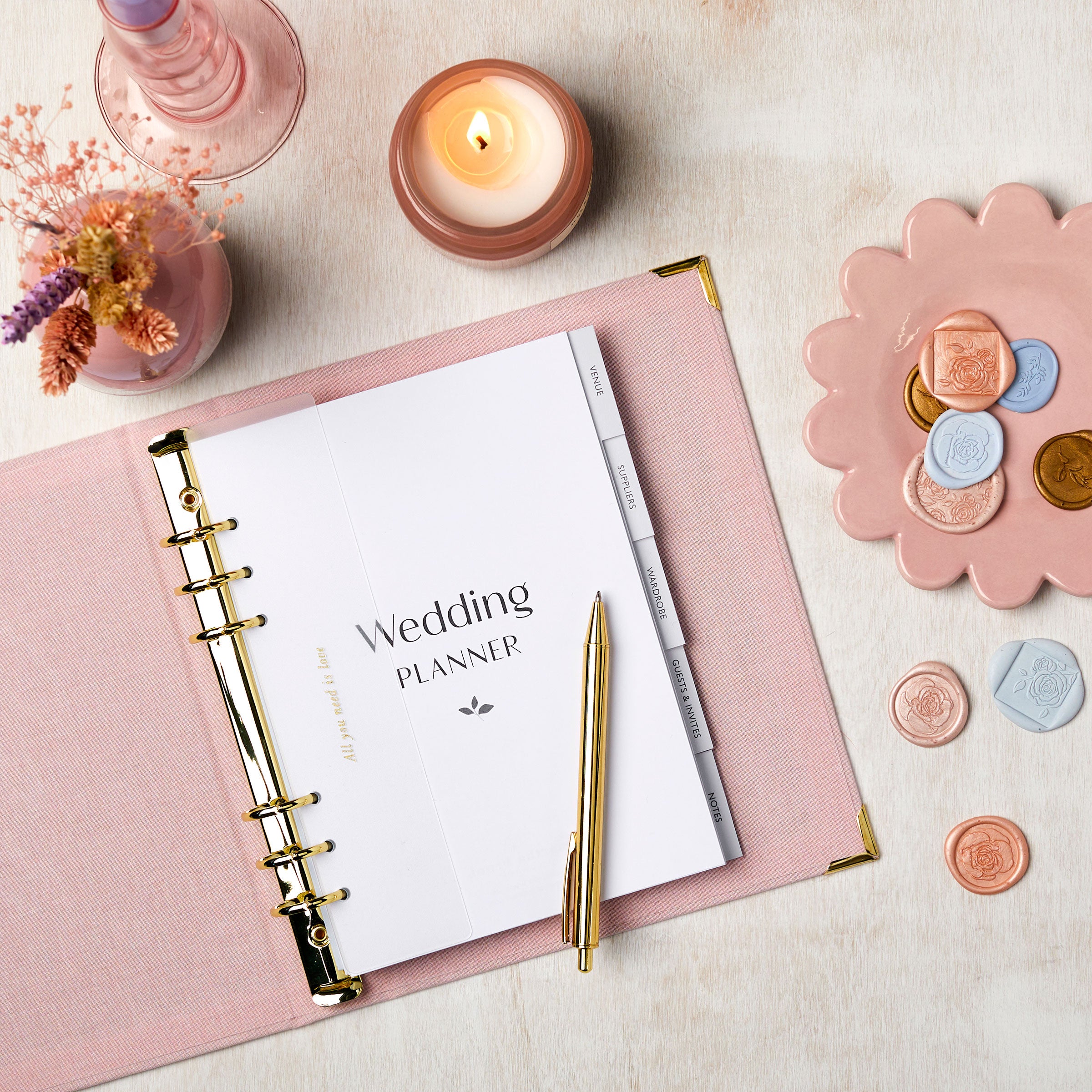 martha brook personalised stationery personalised wedding stationery personalised blush pink wedding planner and organiser with candles and flowers wedding planning cover with envelopes inside content