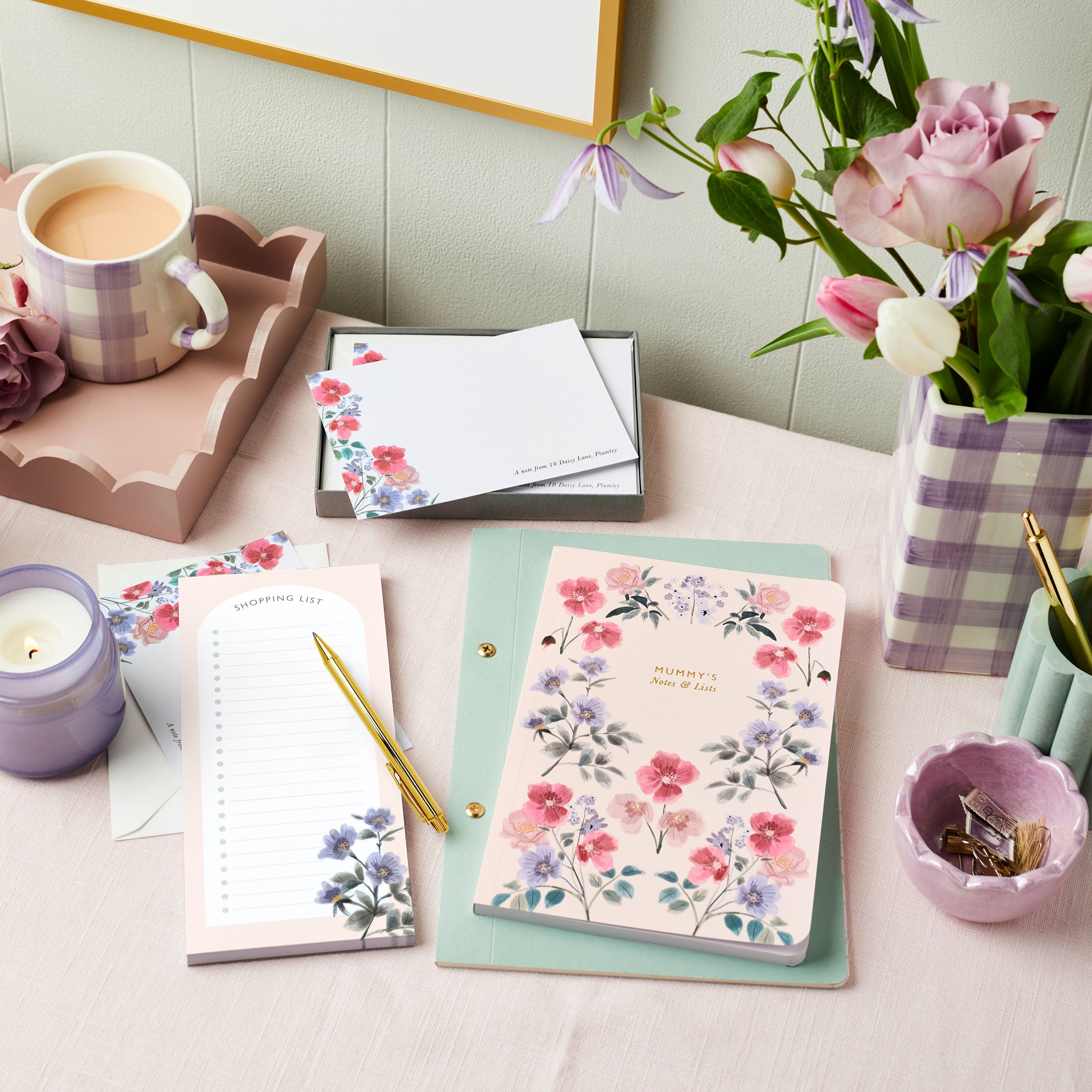 martha brook personalised stationery personalised wild floral gift set on a desk with flowers wide