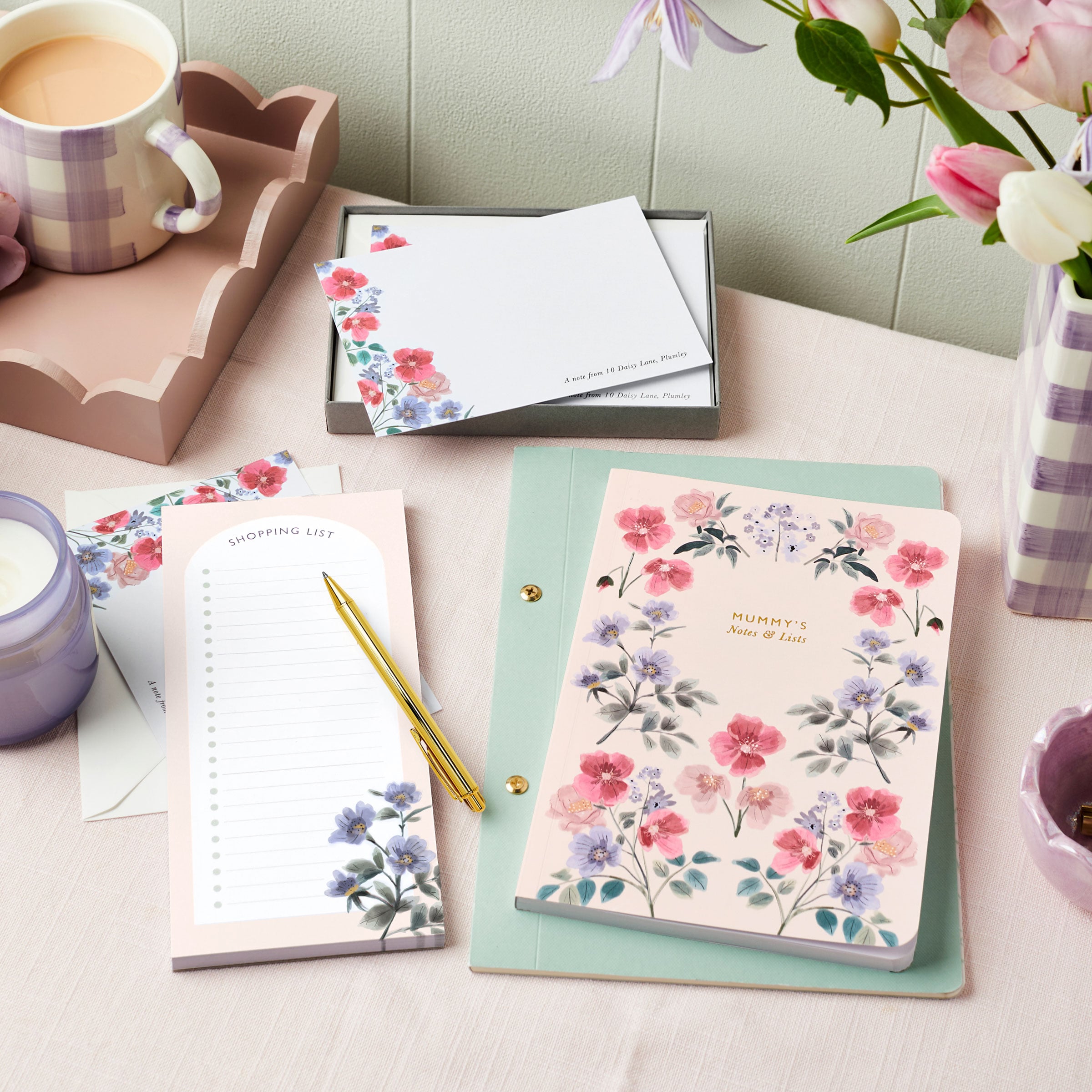 martha brook personalised stationery personalised wild floral gift set on a desk with flowers