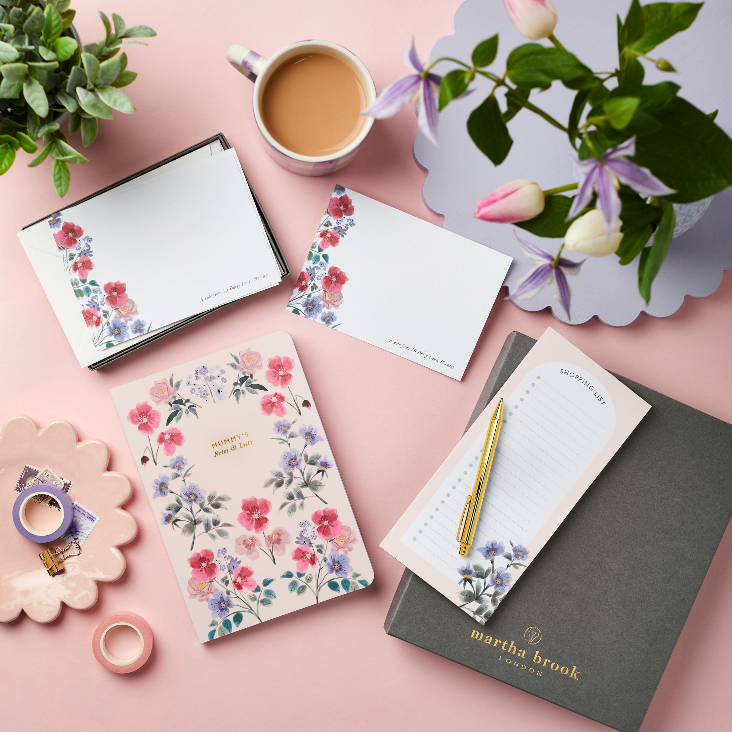martha brook personalised stationery personalised wild floral gift set with scalloped pastel coloured trays on a pink background