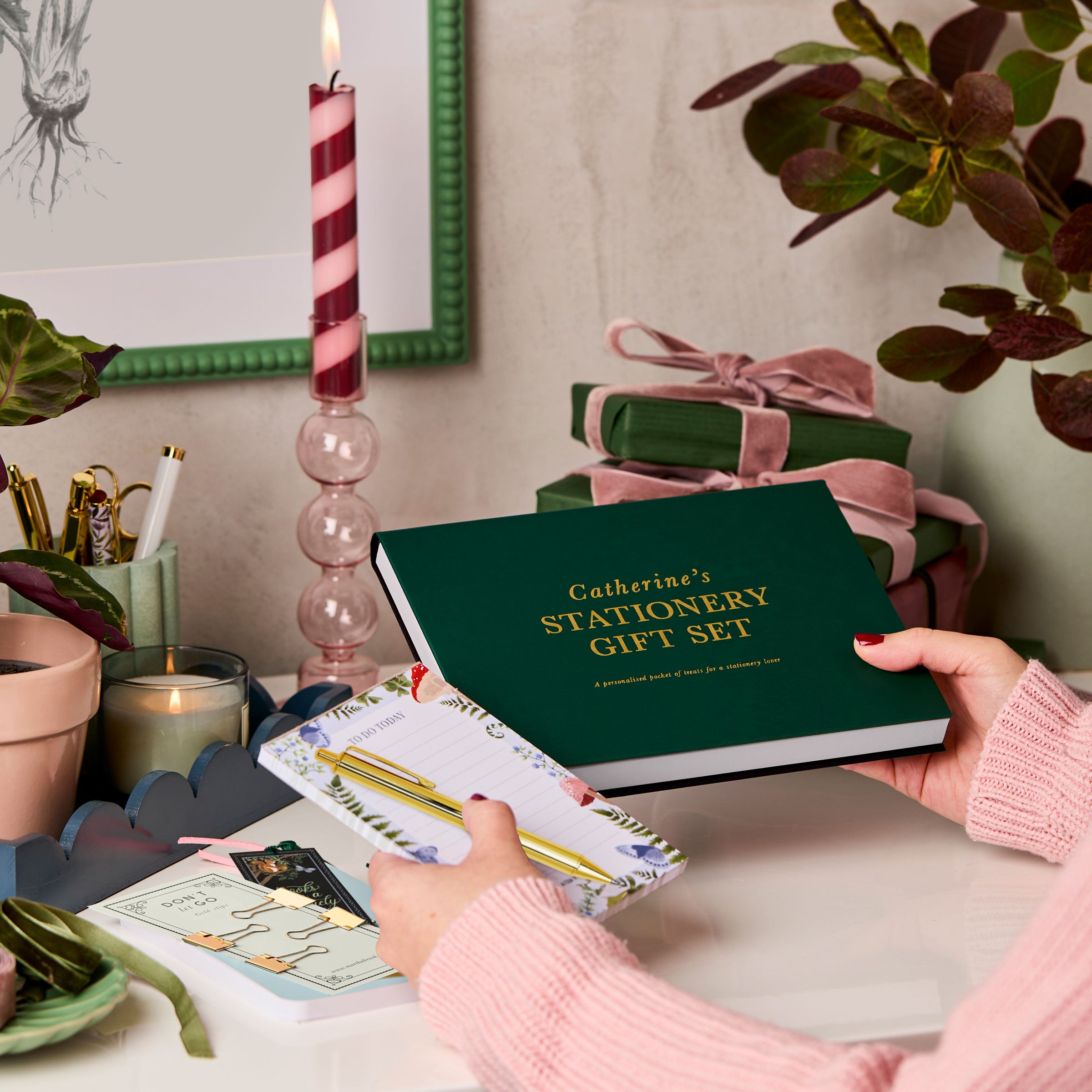 martha brook personalised stationery personalised woodland stationery gift set bulldog clips on a desk with christmas presents piled up