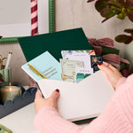 martha brook personalised stationery personalised woodland stationery gift set bulldog clips open on a desk showing the contents inside
