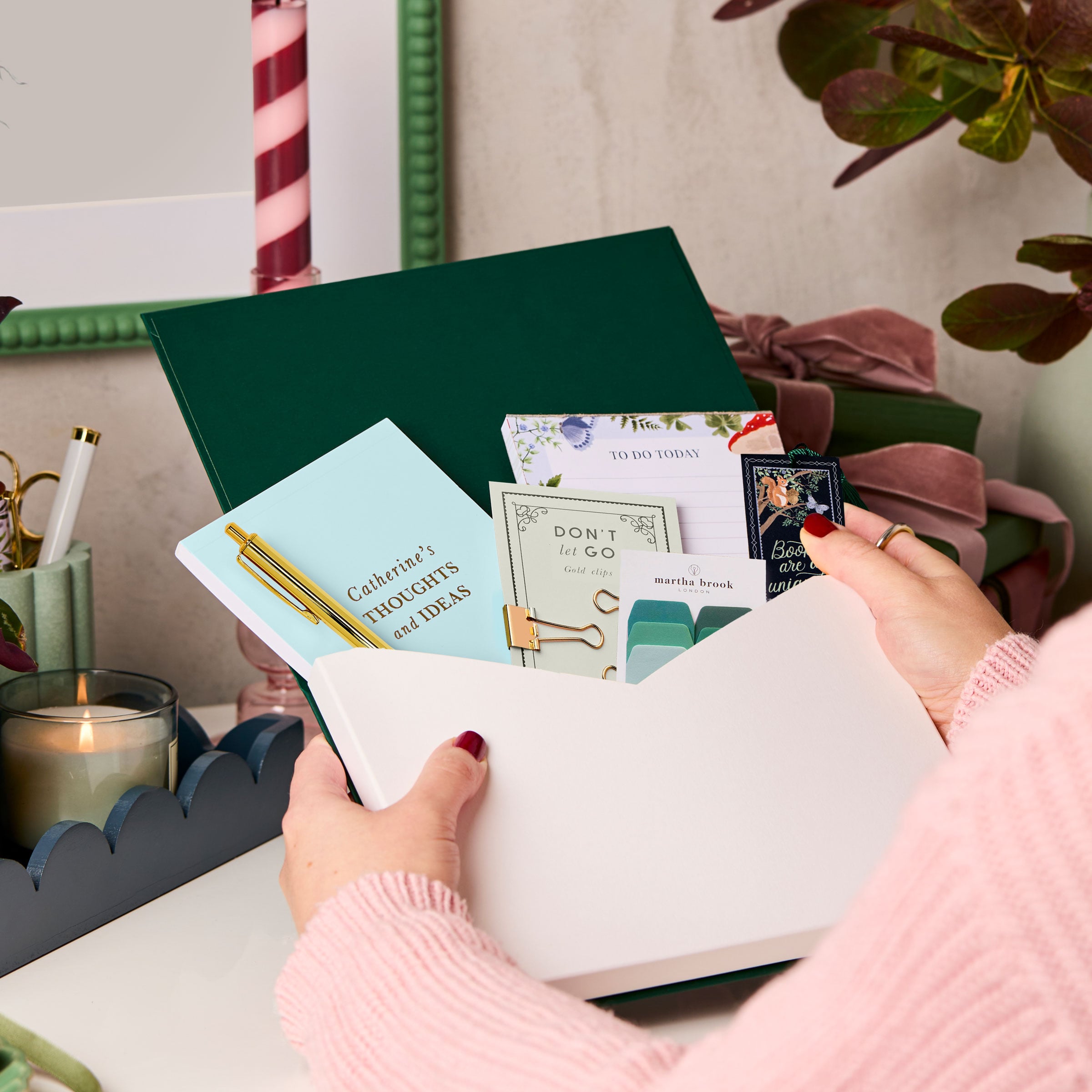 martha brook personalised stationery personalised woodland stationery gift set bulldog clips open on a desk showing the contents inside