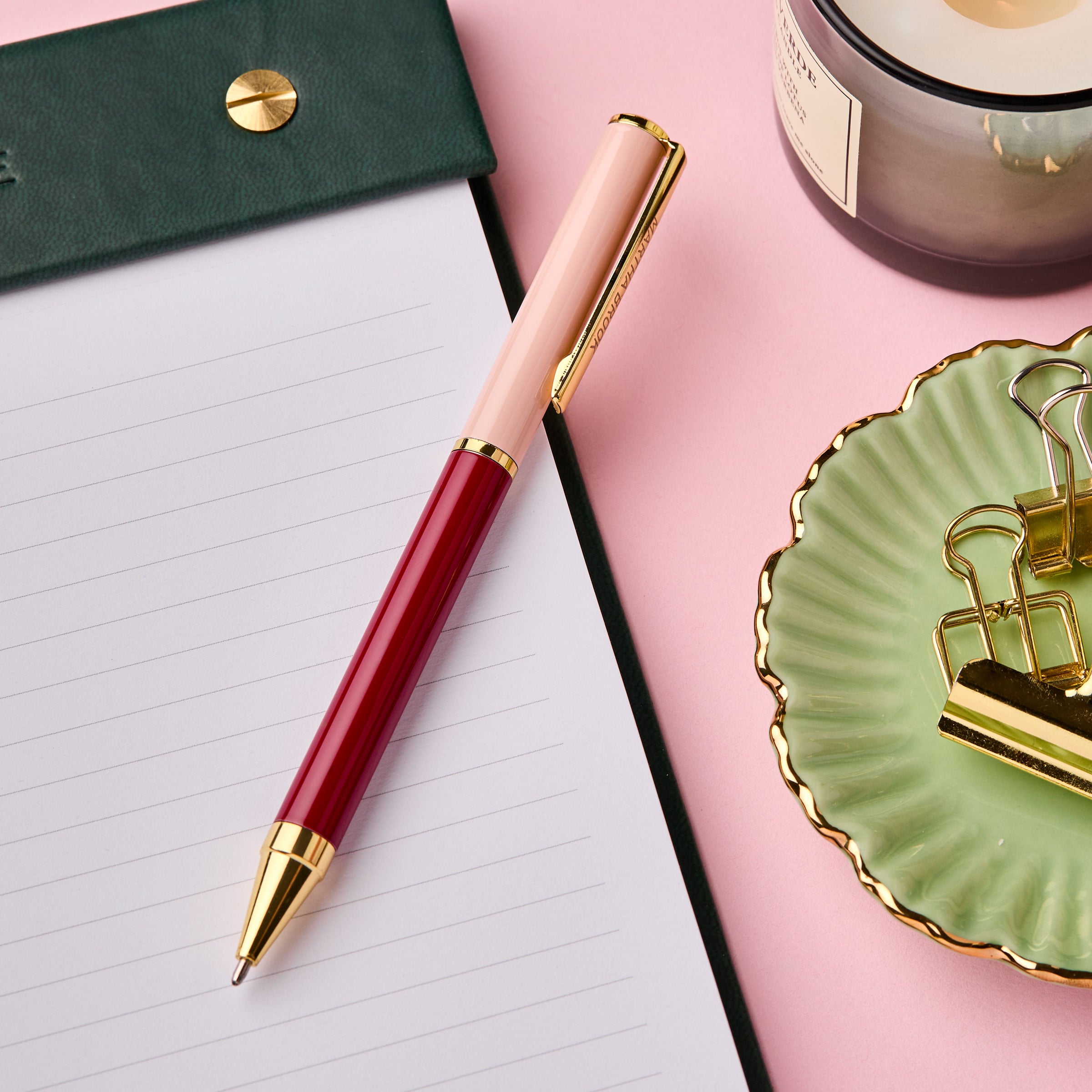 Martha Brook Colour Block Burgundy And Pink Pen on deep green vegan leather desk pad