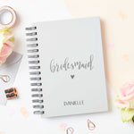 martha brook personalised stationery script bridesmaid notebook in pebble grey with silver foil
