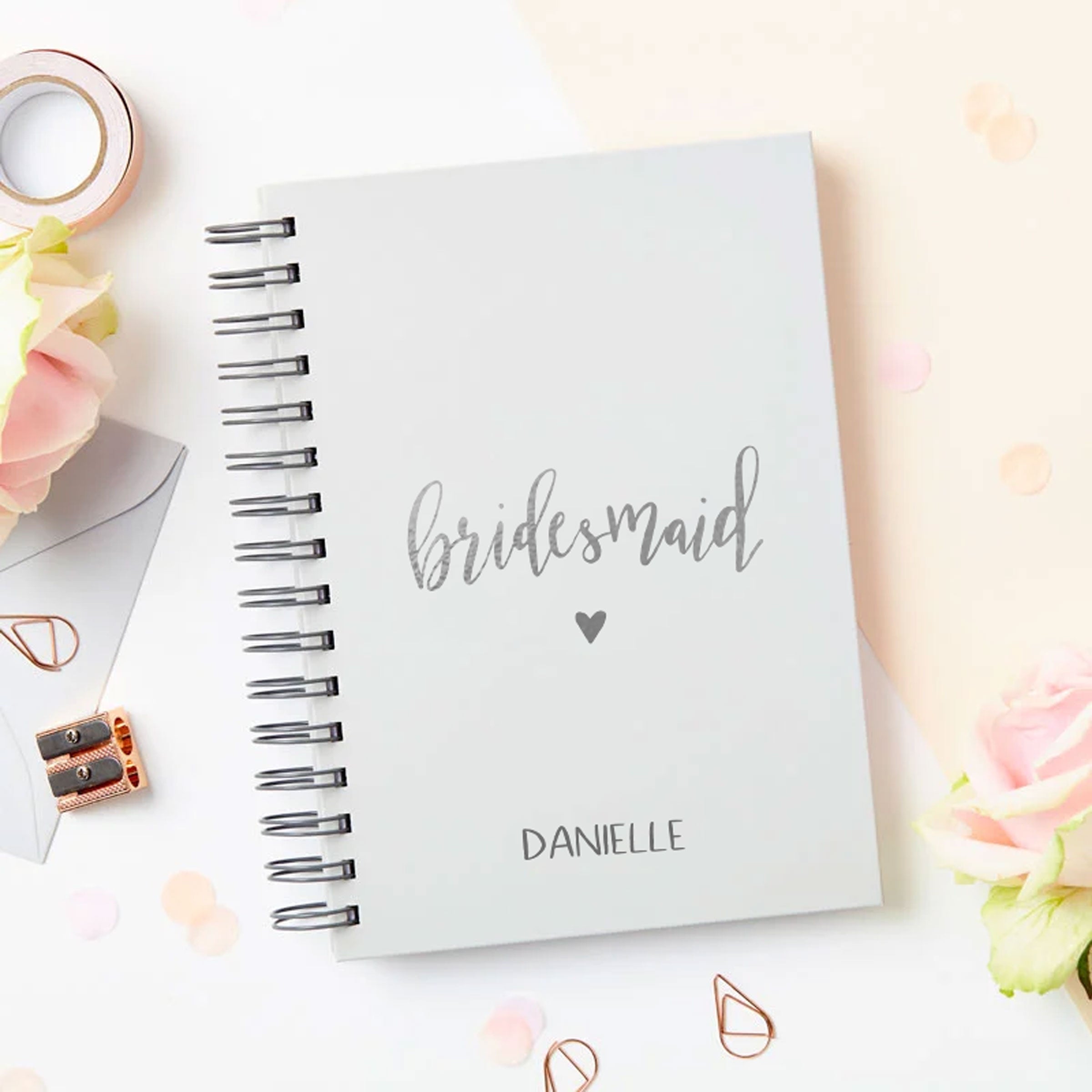 martha brook personalised stationery script bridesmaid notebook in pebble grey with silver foil
