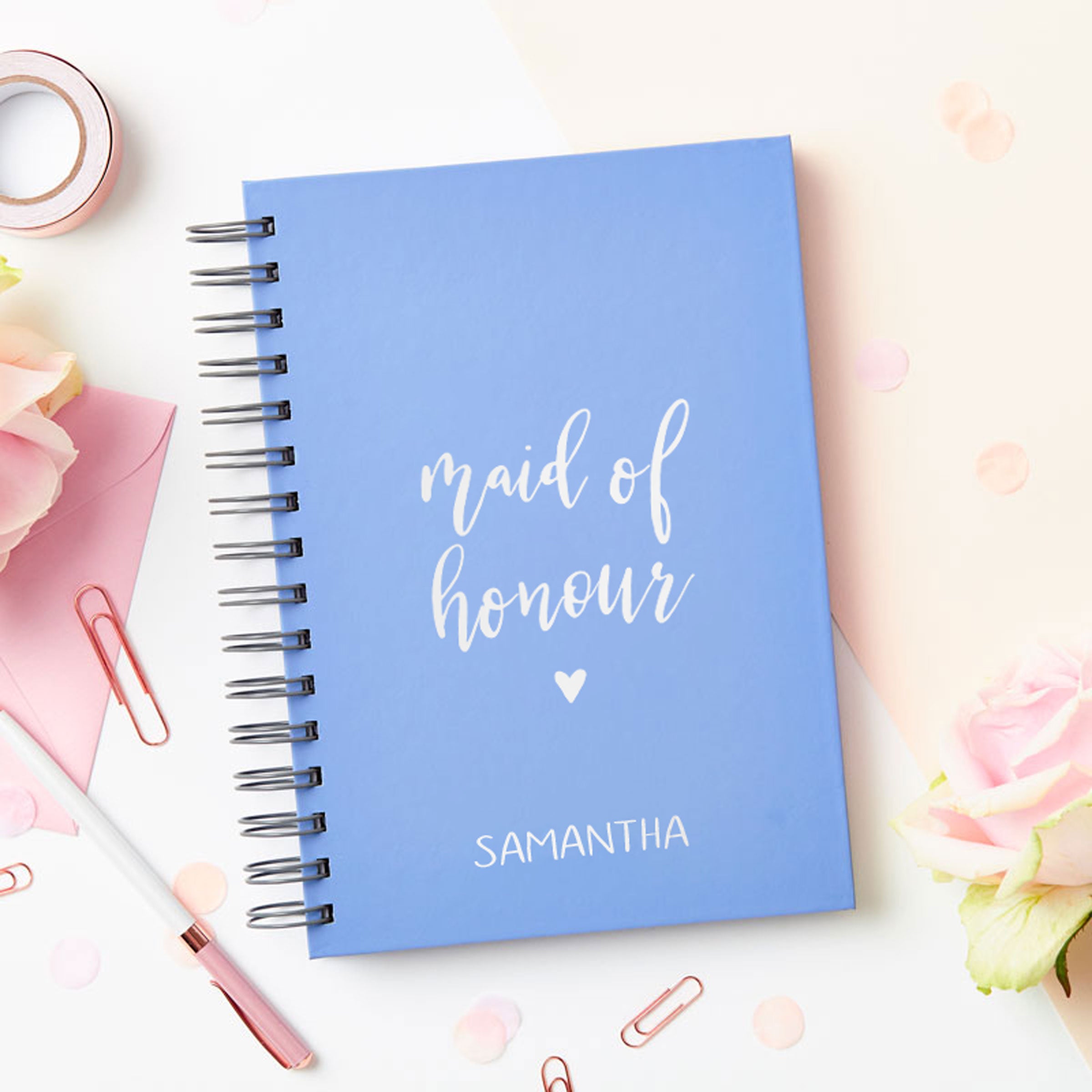 martha brook personalised stationery script maid of honour notebook in sky blue with silver foil