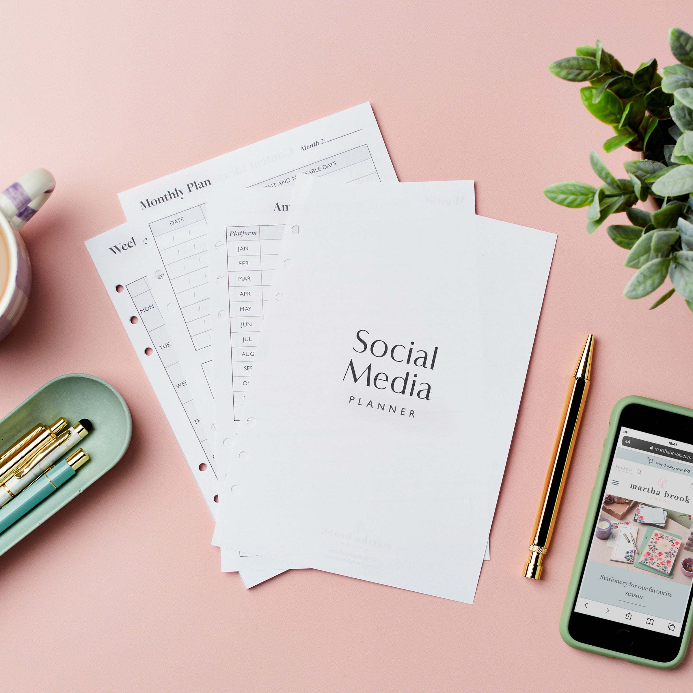 martha brook personalised stationery social media planner insert on pink background