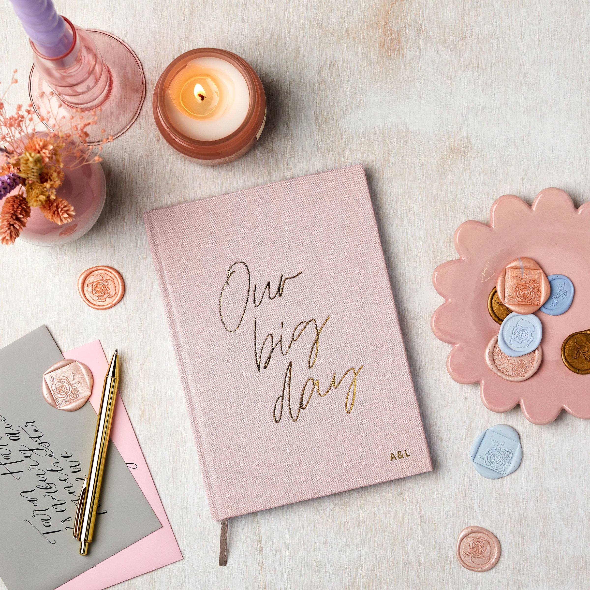 martha brook personalised stationery wedding stationery personalised linen wedding notebook in blush pink with candles and flowers