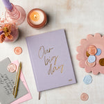 martha brook personalised stationery wedding stationery personalised linen wedding notebook in lilac with candles and flowers