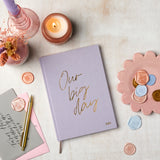 martha brook personalised stationery wedding stationery personalised linen wedding notebook in lilac with candles and flowers