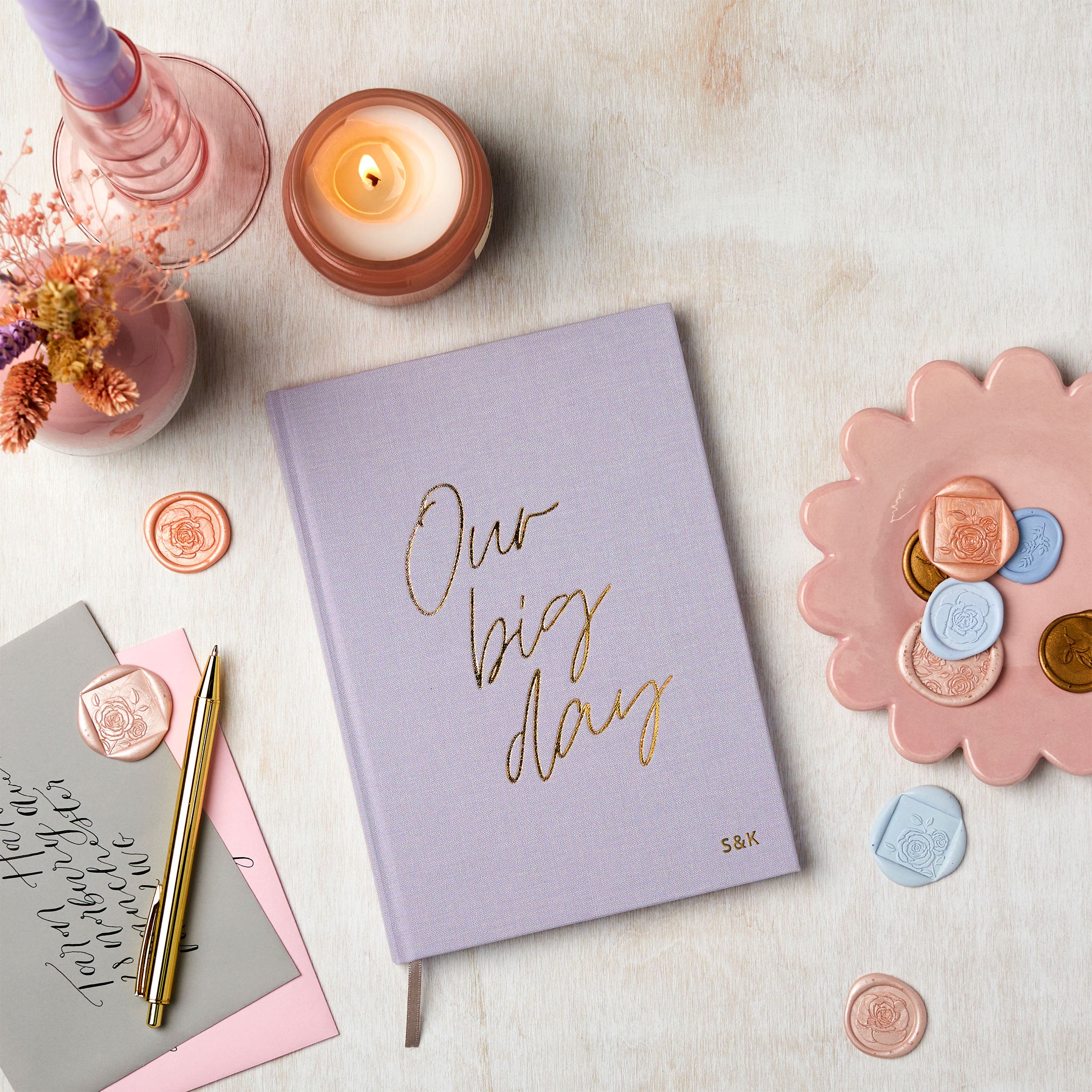 martha brook personalised stationery wedding stationery personalised linen wedding notebook in lilac with candles and flowers