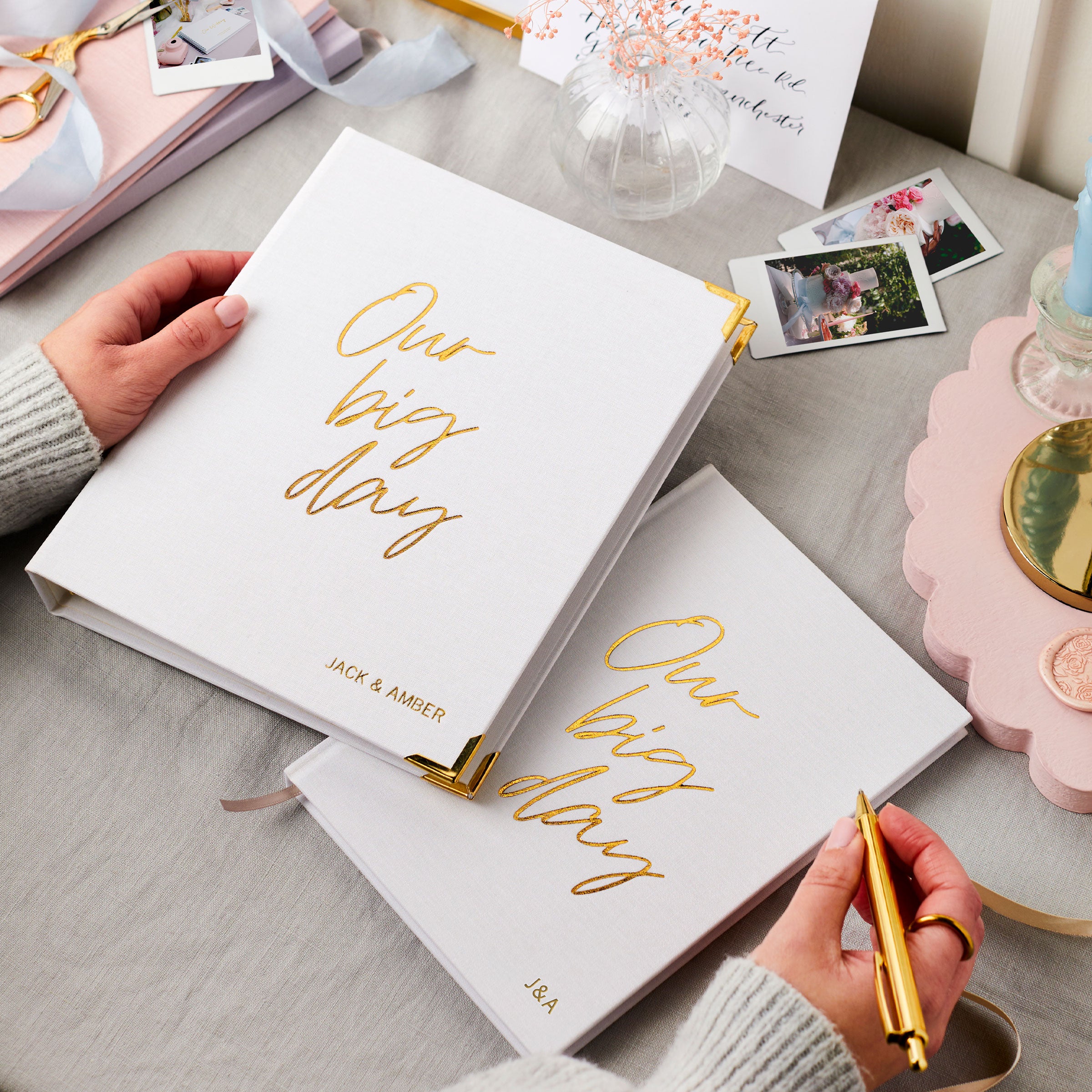 martha brook personalised stationery wedding stationery personalised wedding planner and notebook gift set personalised linen wedding notebook in white with candles and flowers