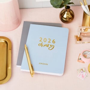 martha brook personalised modern 2026 weekly diary week to view softback diary in blue and gold