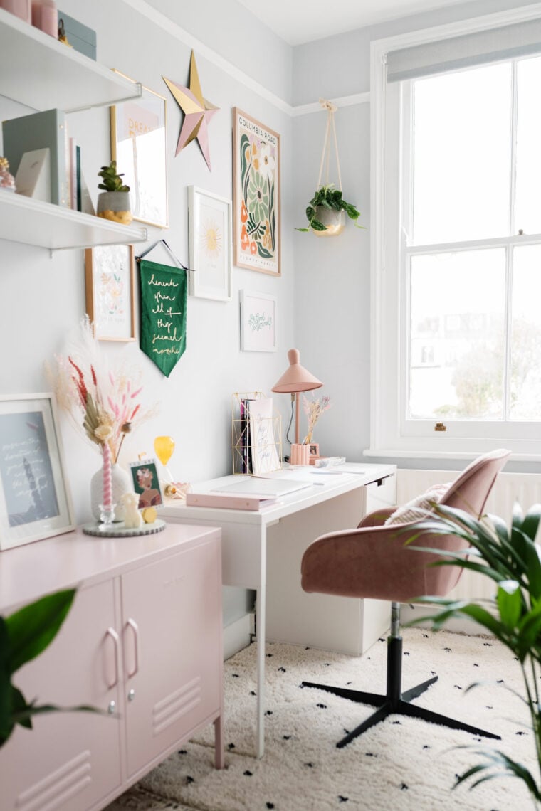 Beautifully bright small home office with pink and green touches