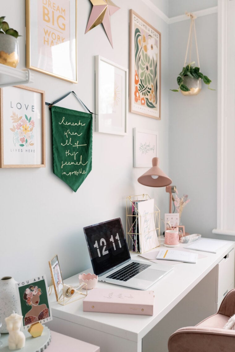 Small Home Office Makeover Pretty Desk with Gallery Wall