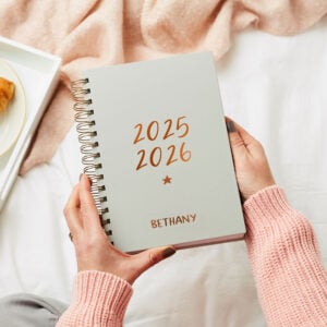 martha brook personalised stationery personalised script 2025-2026 mid-year diary pebble grey with copper foil