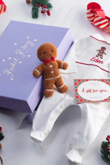 Martha Brook blog post shop with meaning small business christmas gift guide 2022 shop by price rachel riley babys first christmas gift box gingerbread man plush festive babygro outift