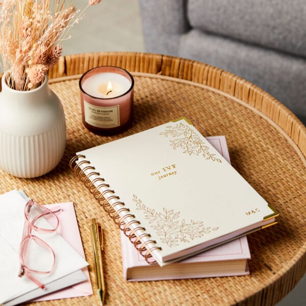 Martha Brook Why I wanted to create the IVF Journal blog with a picture of the IVF Journal on a coffee table with glasses and a pen in front of a sofa