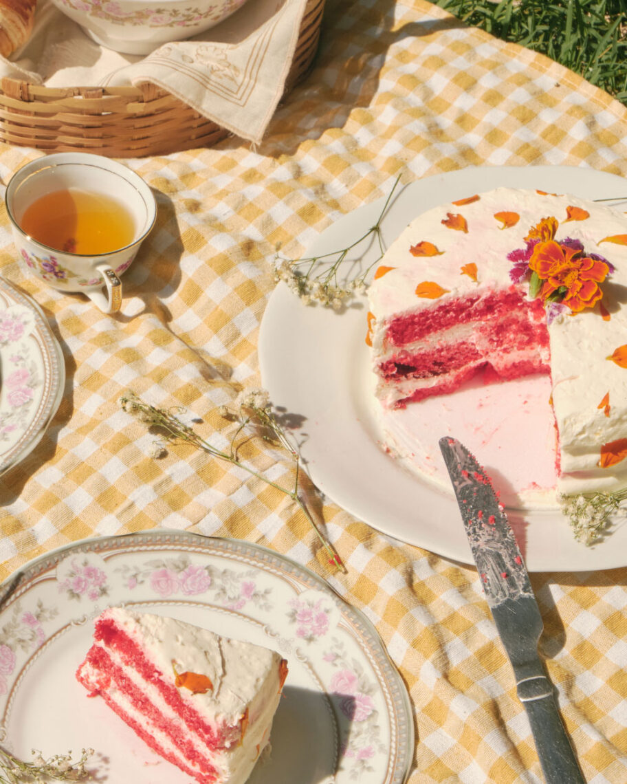 martha brook personalised stationery blog 10 things to do in the summer to keep the whole family entertained yellow gingham picnic blanket on the ground with a red cake with a slice cut out of it on two plates