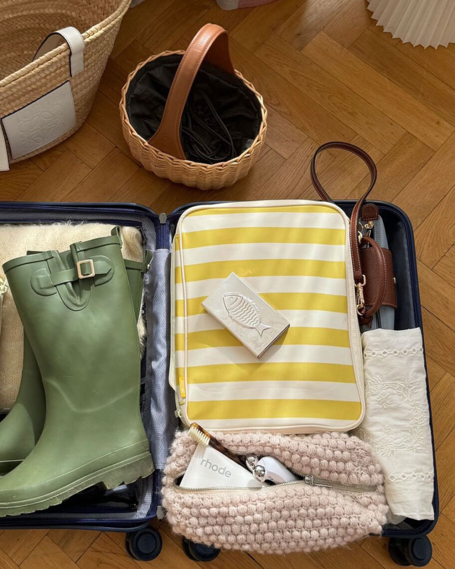 martha brook personalised stationery blog 15 things to take on holiday that you’ll wish you’d thought of sooner pastael packing cubes. An open suitcase containing a yellow striped packing cube, some wellies and a makeup bag