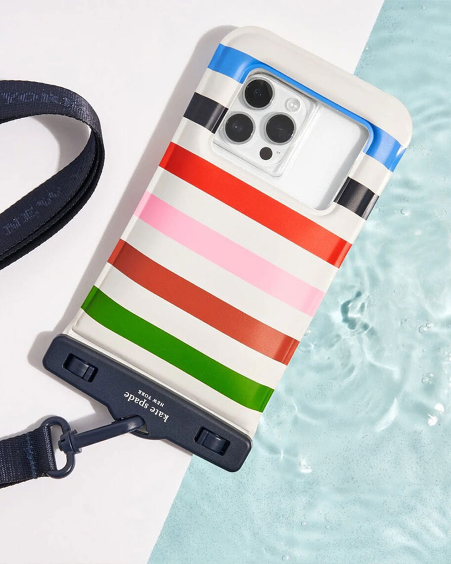 martha brook personalised stationery blog 15 things to take on holiday that you’ll wish you’d thought of sooner kate spade waterproof phone pouch. A multicoloured striped waterproof phone pouch balances on the edge of a swimming pool