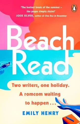 Martha Brook personalised stationery blog 20 best summer reads from old classics to new releases. Beach Read by Emily Henry. The background of the cover is a brightly coloured 'beach' made up of block colours - a coral/pink for the sky, a bright turquoise sea and a buttery yellow sand. The title of the novel is in big white letters in the middle with the subtitle 'Two writers. One holiday. A romcom waiting to happen...'. The author's name is underneath this in blue letters.