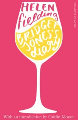 Martha Brook personalised stationery blog 20 best summer reads from old classics to new releases bridget jones's diary by helen fielding. The background of the cover is pink. There is a white cutout of a wine glass. The 'wine' is yellow and the name of the novel is in cutout white letters inside the wine. The author's name sits above this but still inside the cutout of the wine glass, in pink letters.