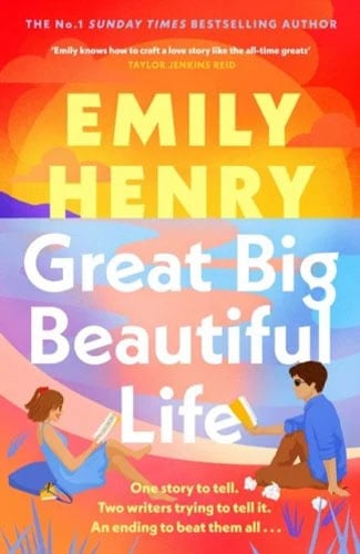 Martha Brook personalised stationery blog 20 best summer reads from old classics to new releases. Great big beautiful life by emily henry. The background of this book cover is an abstract beach scene done in bright block colours. The author name is at the top in bright yellow letters with the name of the novel in white letters underneath. At the bottom sit two characters, a man and a woman, facing each other like they are sitting, leaning against either side of the book cover, reading. 