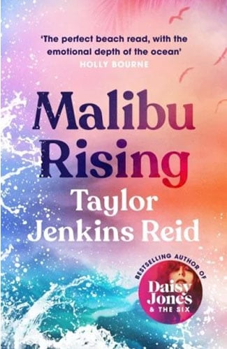 Martha Brook personalised stationery blog 20 best summer reads from old classics to new releases. Malibu Rising by Taylor Jenkins Reid. The background of the book is a big wave splash underneath a pink/purple/orange sunset sky. The title of the book is in big purple letters in the middle, with the author name in white underneath. 