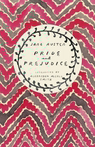 Martha Brook personalised stationery blog 20 best summer reads from old classics to new releases pride and prejudice by jane austen book cover. The cover has a red and black hand painted striped/chevron background, with the title and author name of the book in a cream circle in the middle, outlines by a hand drawn black border of leaves.