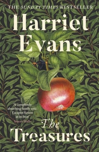 Martha Brook personalised stationery blog 20 best summer reads from old classics to new releases. The Treasures by Harriet Evans. The background of the book cover is a lot of green leaves and a signular red appl. The author name is at the top in big white letters with the book title at the bottom.