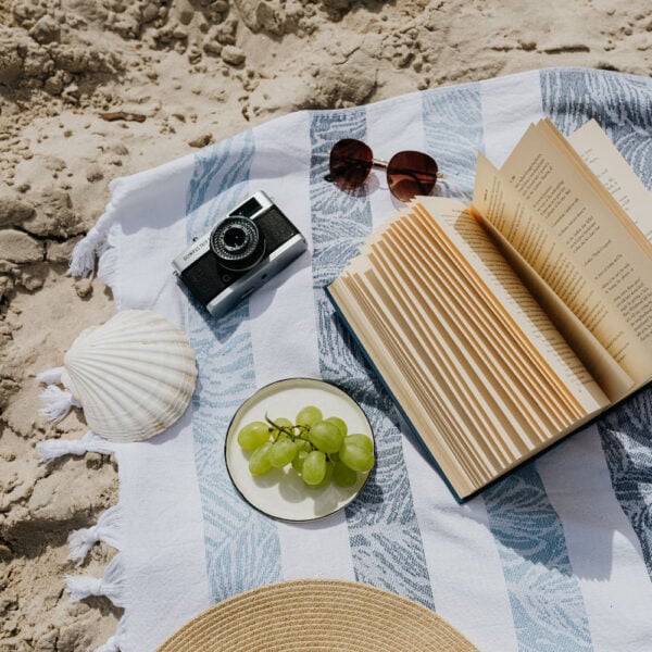 Martha Brook personalised stationery blog 20 best summer reads from old classics to new releases. A person lying on a picnic blanket on a beach with a book open. Next to them they have their sunglasses and a bunch of grapes on a plate