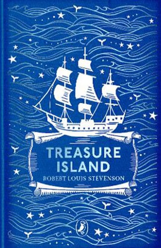 Martha Brook personalised stationery blog 20 best summer reads from old classics to new releases treasure island by robert louis stevenson book cover. A blue book cover with a white embossed design; a blue wave pattern in the background and a a white pirate ship in the middle, with the title and author name underneath
