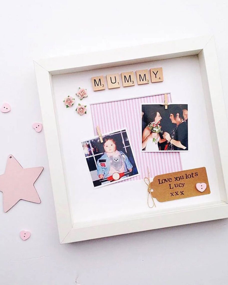 Martha Brook personalised stationery blog 10 ideas for what to get the person who has everything olive and pip photo frame keepsake. A white box frame with 'mummy' written at the top in square scrabble letters. Underneath are two family photos
