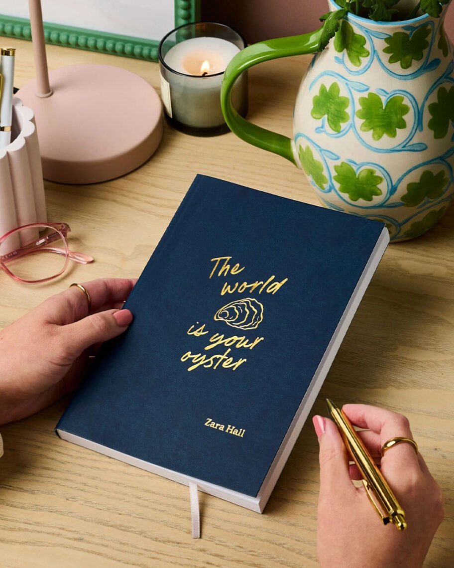 Martha Brook personalised stationery blog 10 ideas for what to get the person who has everything personalised notebook the world is your oyster gold embossed onto the front of a navy blue notebook