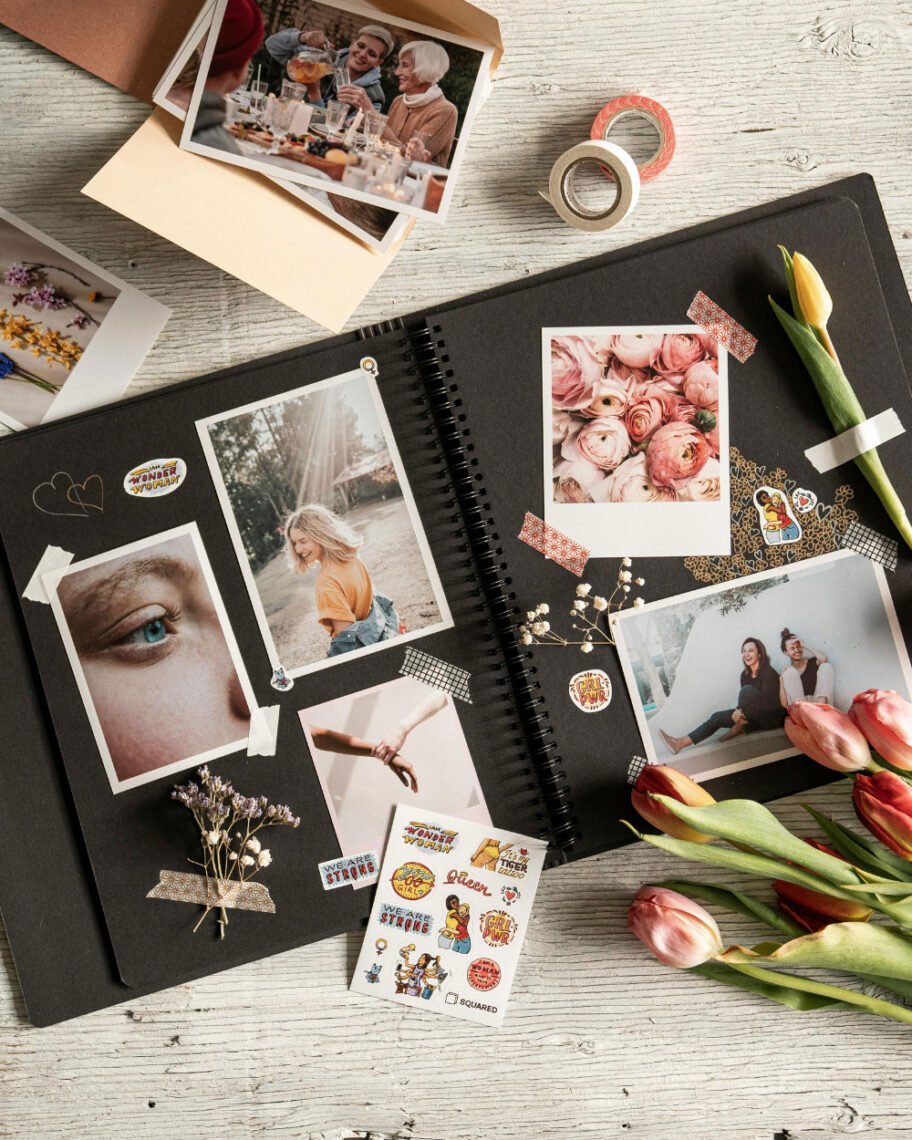Martha Brook personalised stationery blog 7 inspiring ways to use a photo album junk journal with black paper, photos and stickers