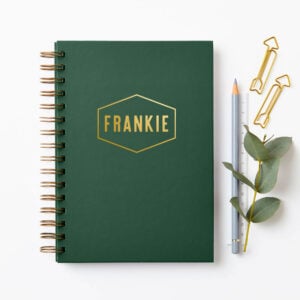 martha brook personalised stationery foiled name notebook in deep green with gold foil