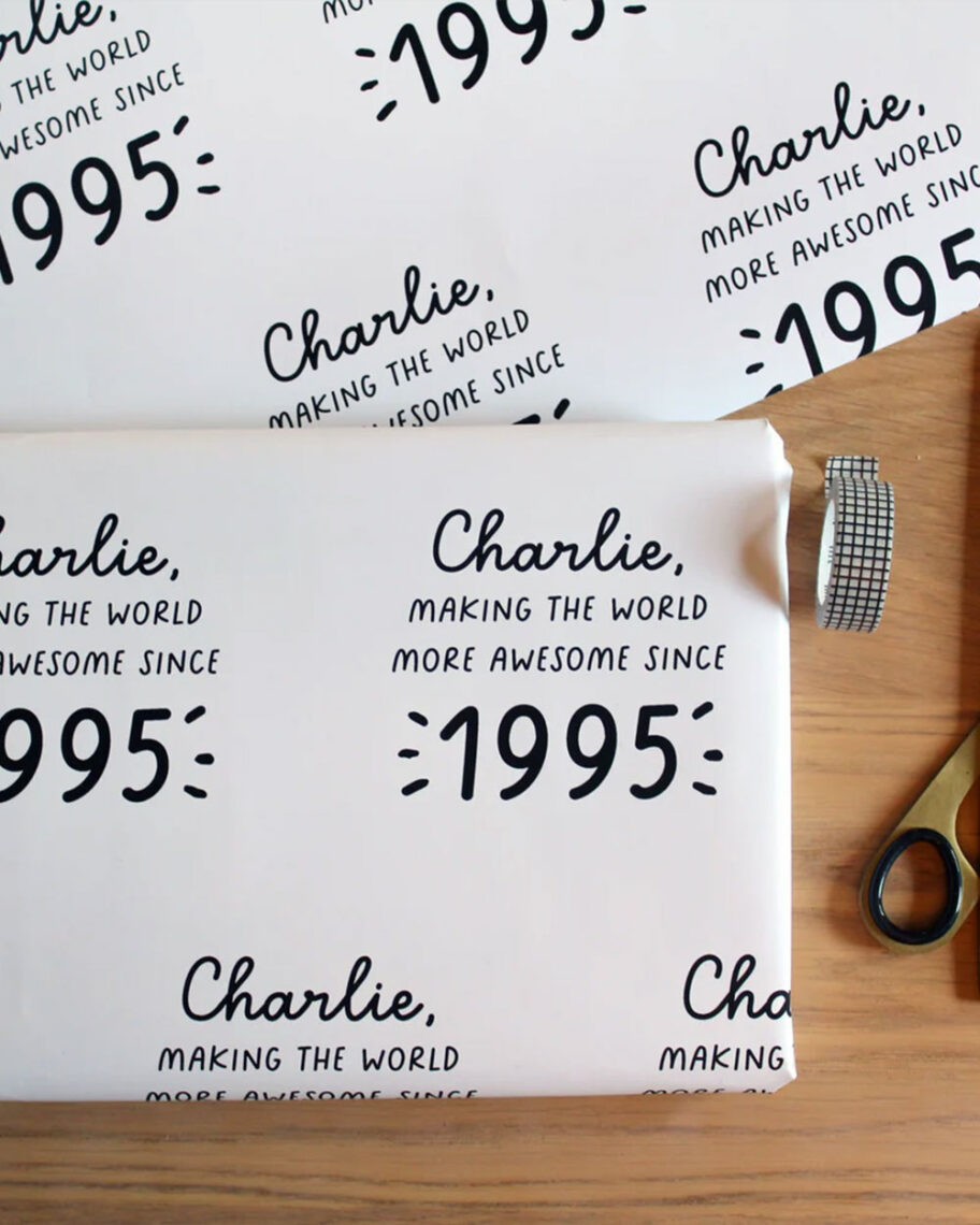 martha brook personalised stationery blog 10 unique birth year personalised birthday gifts heather alstead personalised birthday gift wrap. A present wrapped in white wrapping paper with a repeated pattern of 'Charlie making the world more awesome since 1995' in black text.