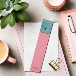 Personalised Vegan Leather Bookmark - PINK WITH TEAL - SOPH