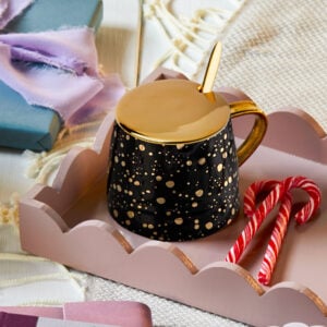 martha brook personalised stationery gold speckled black mug with spoon and lid christmas main image