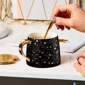 martha brook personalised stationery gold speckled black mug with spoon and lid main image