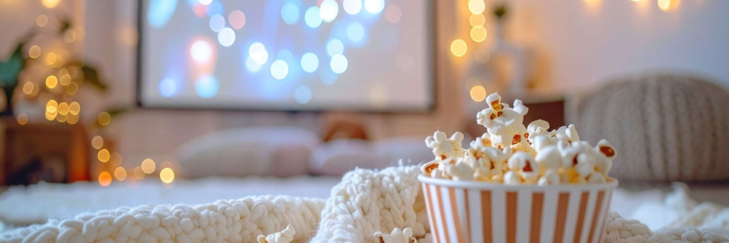 martha brook blog post 12 of the best Christmas movie quotes banner popcorn on a bed with fairy lights
