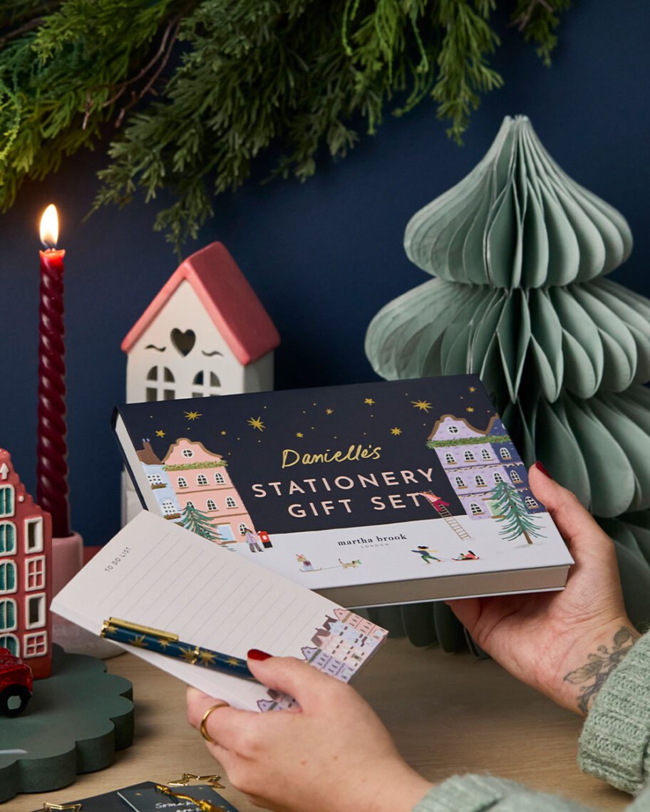 martha brook blog post martha's top christmas gifts personalised home of stationery gift set on desk with candles and christmas ornaments