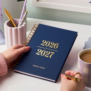 martha brook personalised stationery personalised fresh 2026-2027 academic diary in navy blue on desk with pen pot